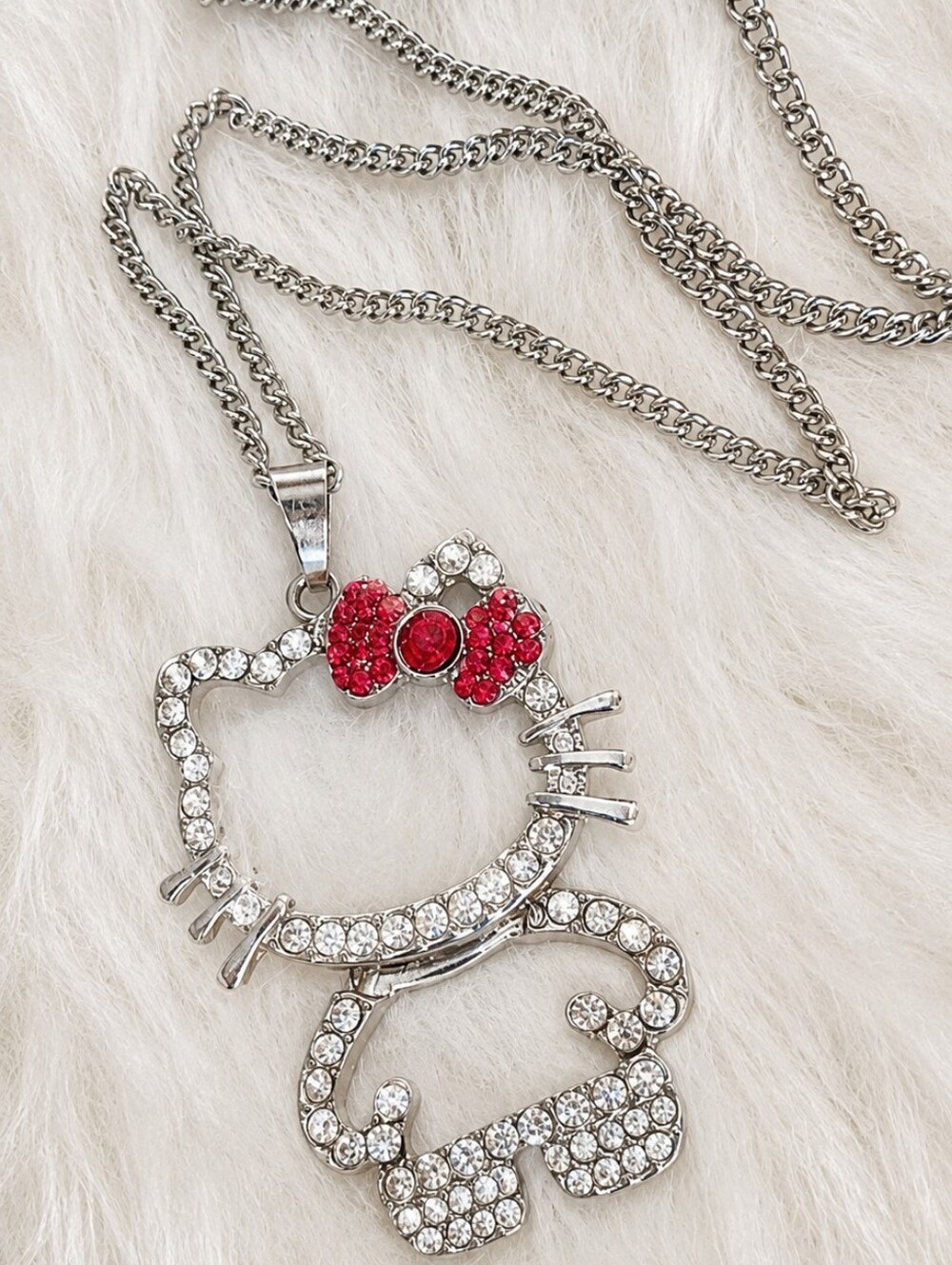 NEW Large Silver Red Rhinestone Hello Kitty Silhouette Pendant Necklace Size 18"
